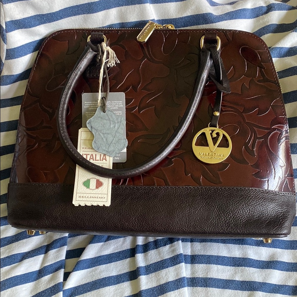 NWT - Valentina Italian Leather Dome Tulip Embossed Satchel/Crossbody